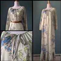 Vintage 70S Mint Green Floral & Bird Peasant Prairie Bohemian Dress Night Gown | Etsy (US)