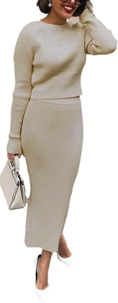 Women Long Sleeve Mock Neck midi Dress Ribbed Knit fit and Flare Maxi Sweater Dress | Amazon (US)