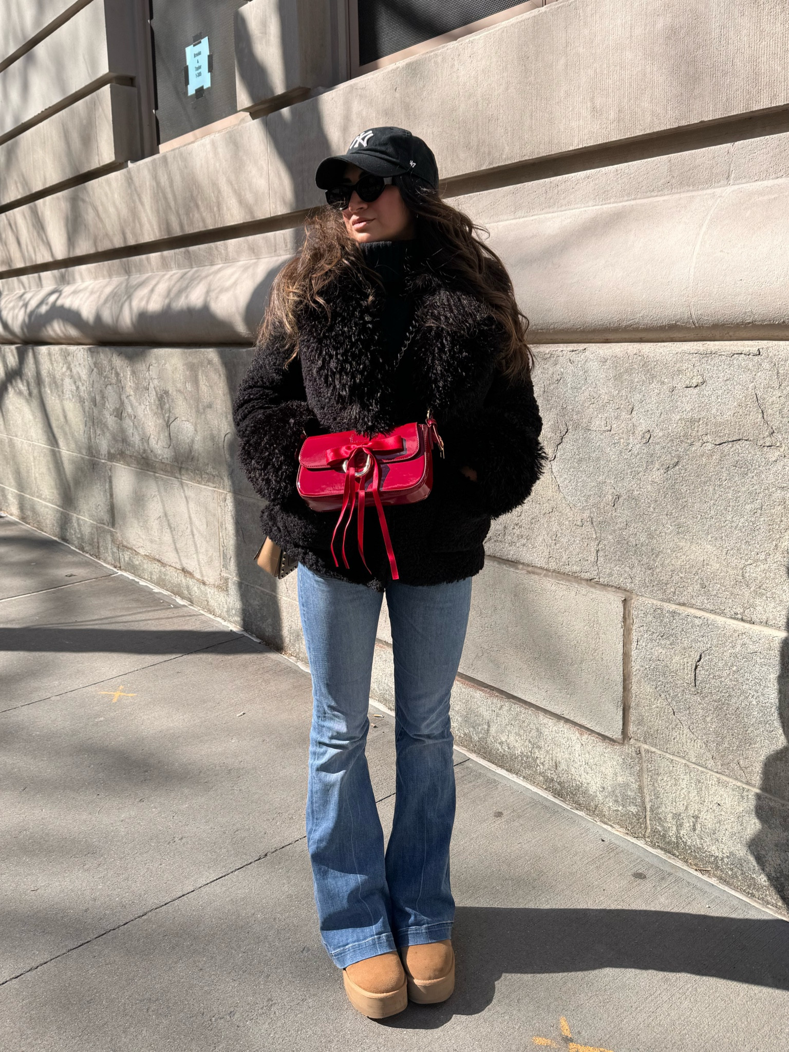 New York outfit inspo. Red Amazon purse. Red bows. Sherpa black jacket. Closet staple pieces. Casual outfit. Affordable outfit ideas.

#LTKfindsunder50 #LTKstyletip #LTKfindsunder100