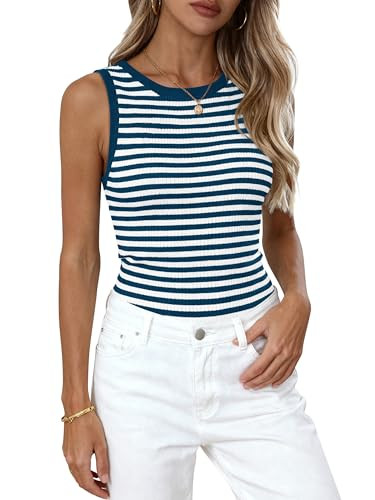 PRETTYGARDEN Summer High Neck Striped Tank Tops for Women Casual Sleeveless Sweaters Basic Ribbed... | Amazon (US)