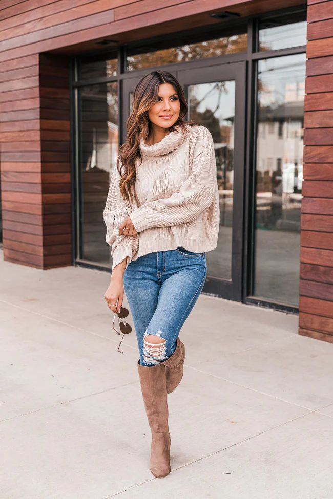 Coincidental Accident Oatmeal Cable Knit Turtleneck Sweater FINAL SALE | The Pink Lily Boutique