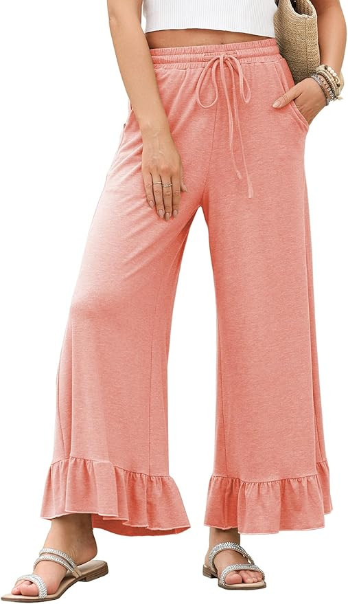 EVALESS Womens Wide Leg Pants Drawstring Elastic High Waisted Ruffle Hem Palazzo Pants with Pocke... | Amazon (US)