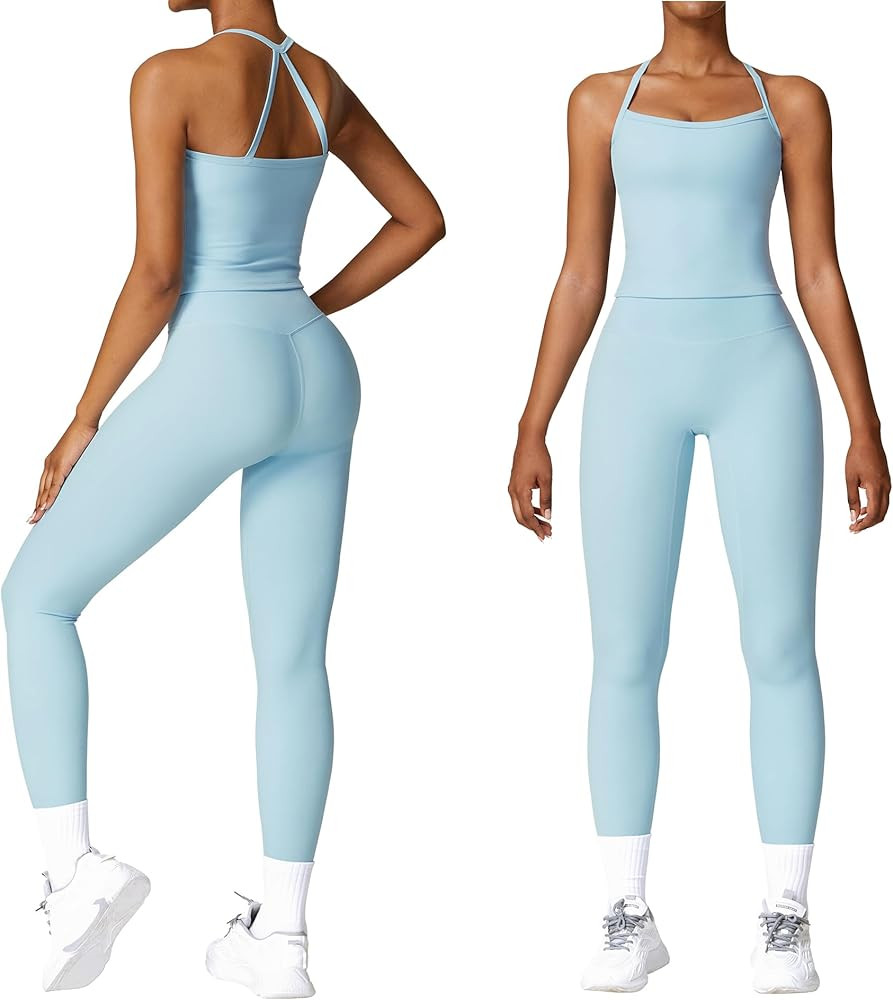 Women 2 Piece Workout Sets (NEW) Yoga Outfit Open Back Tank Top High Waisted Leggings Gym Sets Tr... | Amazon (US)
