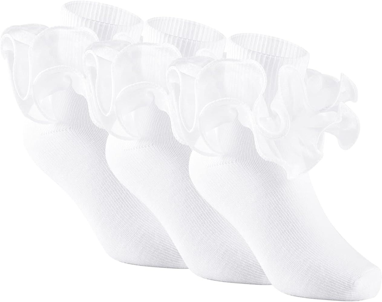 3 Pairs Girls Ruffle Socks Big Double Lace Frilly Trim Dress Socks | Amazon (US)