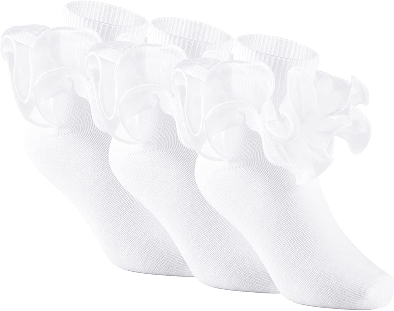 Yepami 3 Pairs Girls Ruffle Socks Big Double Lace Frilly Trim Dress Socks | Amazon (US)