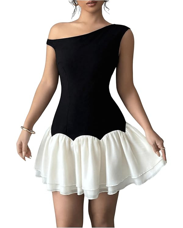 Verdusa Women's Color Block Ruffle Off Shoulder Dress Drop Waist Layered Mesh Mini Dress | Amazon (US)