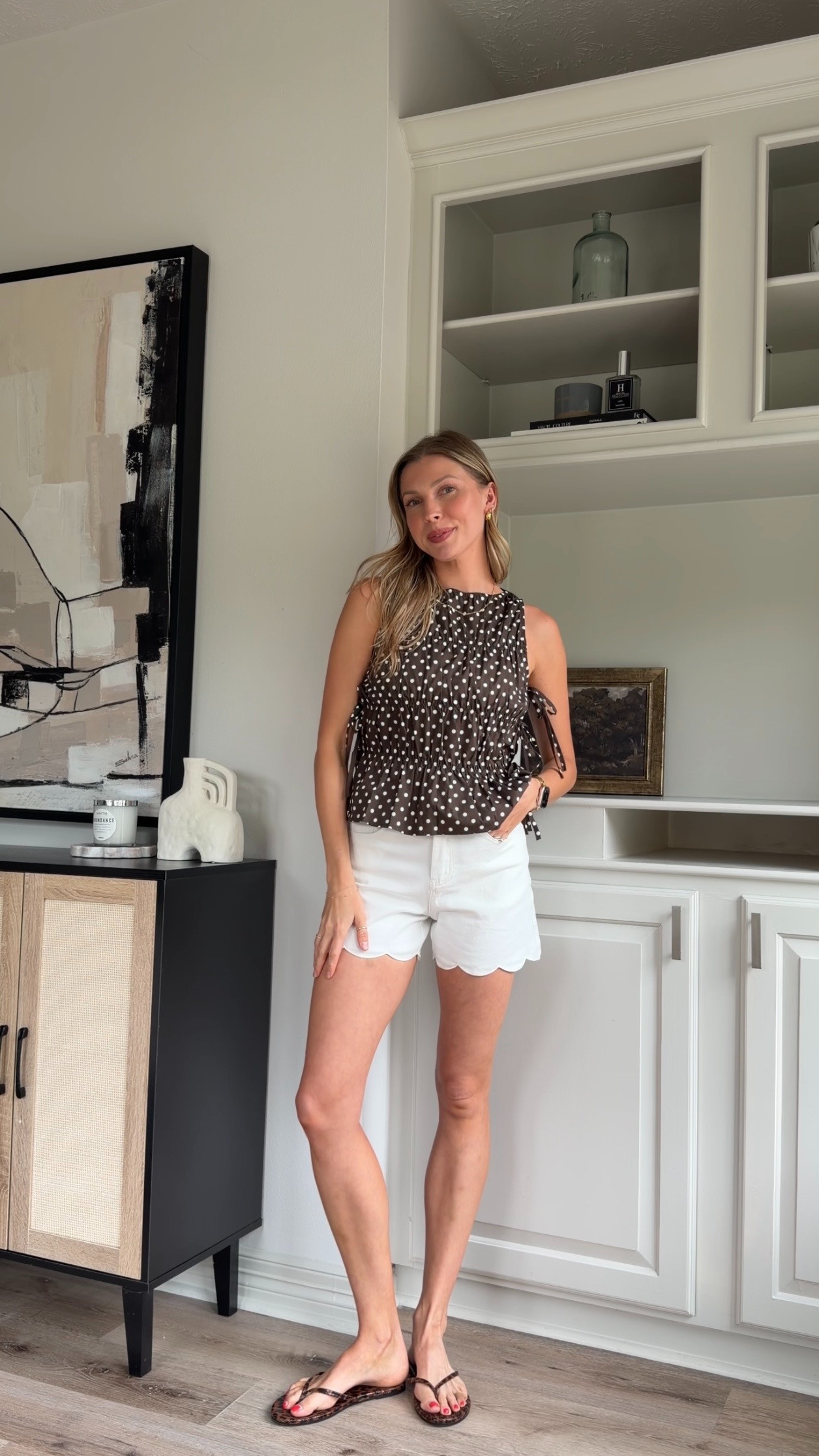 Nursing friendly chic summer outfit | S in polka dot tank, S sports bra tank + 2 denim shorts  

 