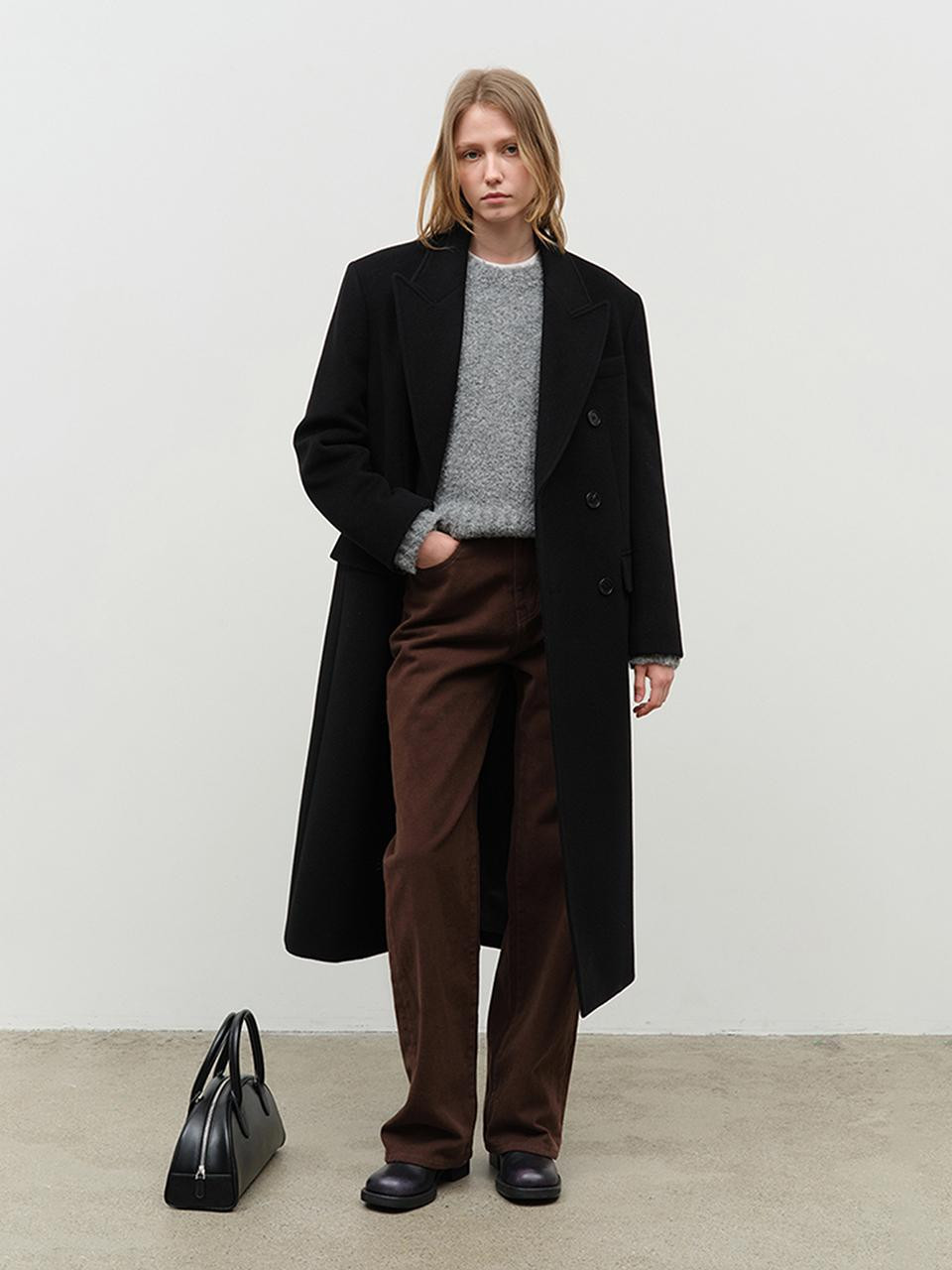 Unisex Tailored Double Breasted Wool Coat - Black | W Concept (US)