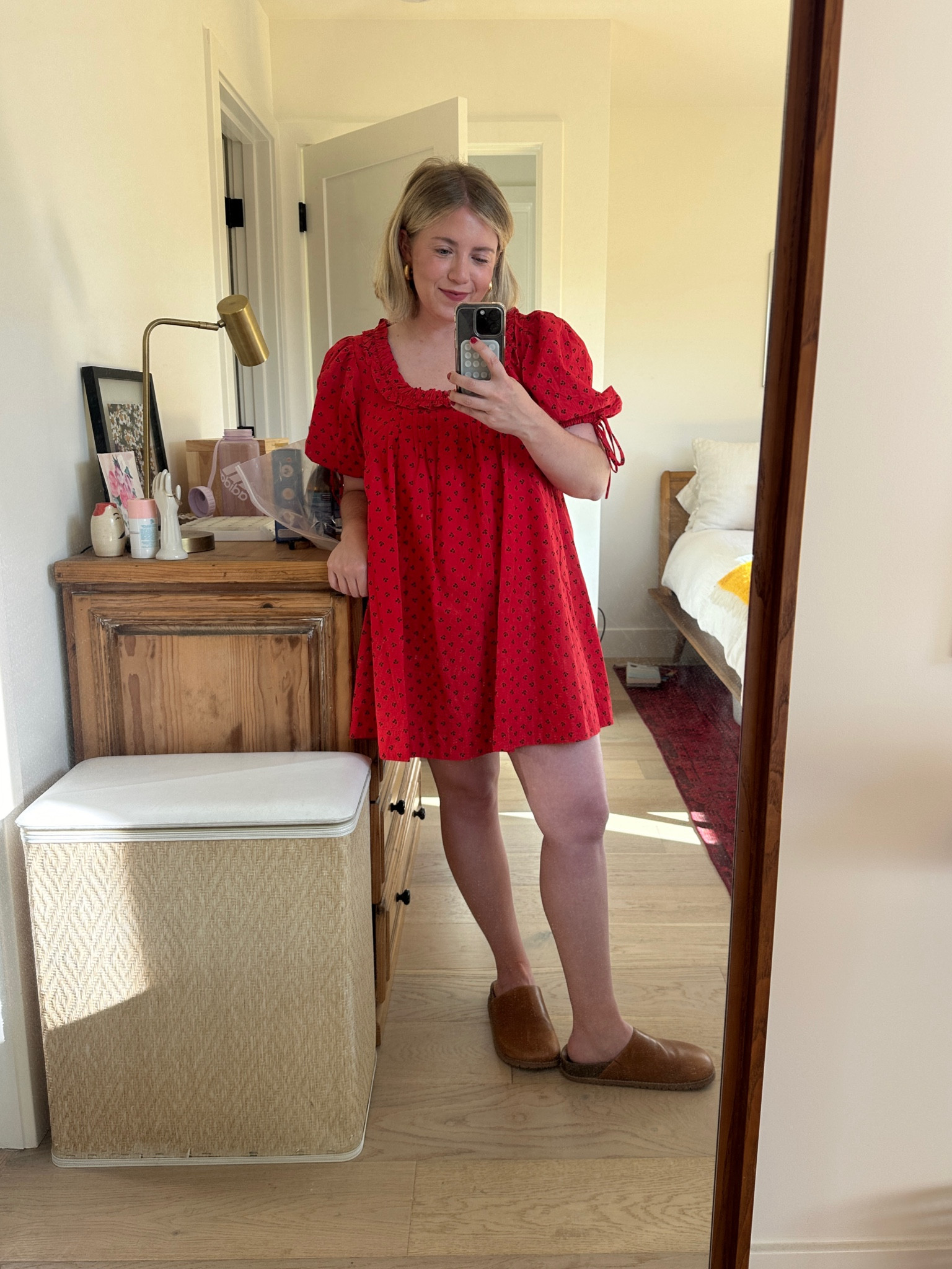 Pizza night in this cute damson madder summer dress 