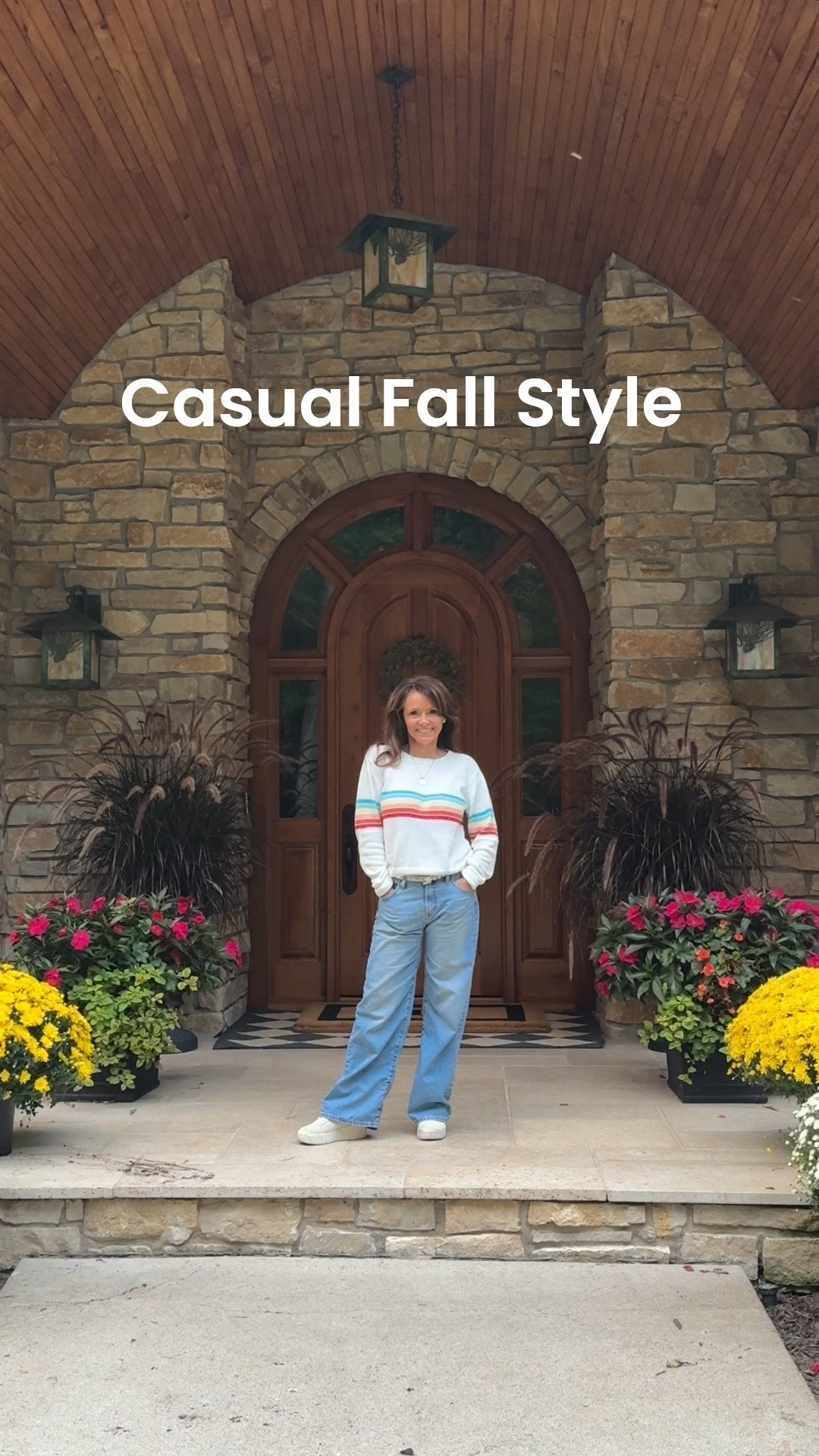 Today’s casual fall outfit. 
I’ve actually had this retro sweater for quite some time and I always get compliments on it. It’s just cute and it’s still in stock! The wide jeans are no longer available but I’ve linked another. The platform sneakers give me extra height!
kimbentley, petite, 

#LTKSeasonal #LTKPetite #LTKFindsUnder50