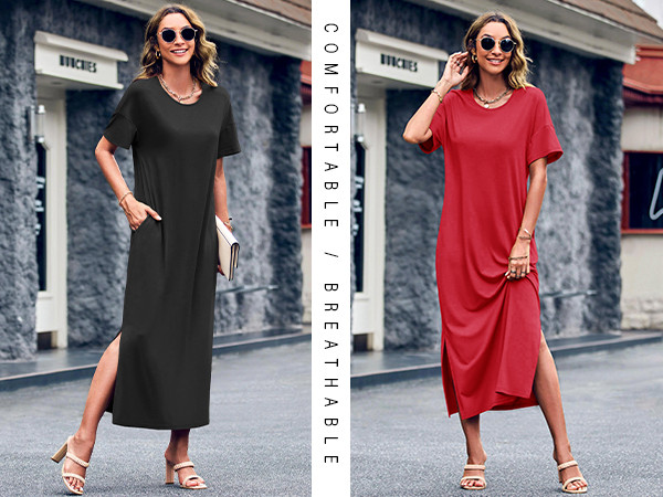 Dyexces Womens Summer T Shirt Dress Casual Drop Shoulder Round Neck Maxi Dresses Loose Side Slit ... | Amazon (US)
