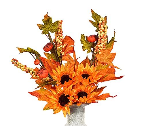 NAHUAA 2PCS Artificial Fall Maple Flowers Bundles Fake Silk Sunflowers Bouquets with Fake Pumpkins f | Amazon (US)