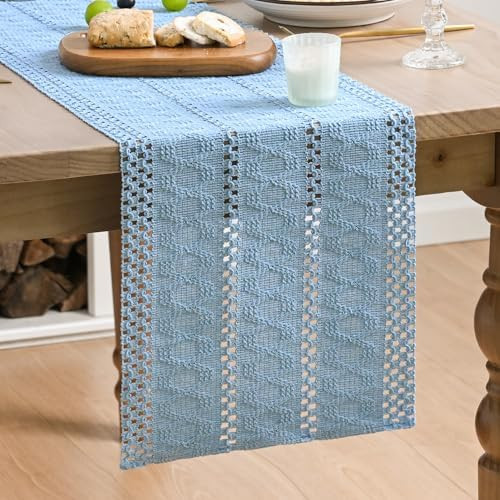 Artoid Mode Sky Blue Farmhouse Woven Rustic Hollow Table Runner, Seasonal Holiday Hollow Kitchen ... | Amazon (US)