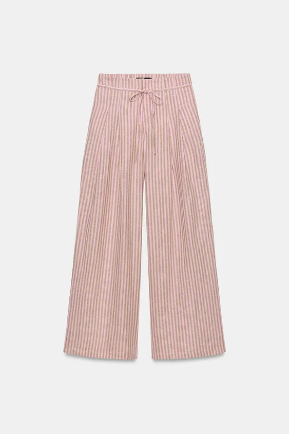 STRIPED DRAWSTRING LINEN PANTS | Zara Canada
