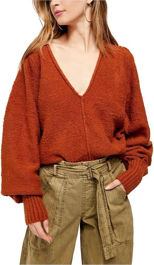 Free People Women’s Reverie V-Neck Pullover Sweater Burnt Butter Medium | Amazon (US)
