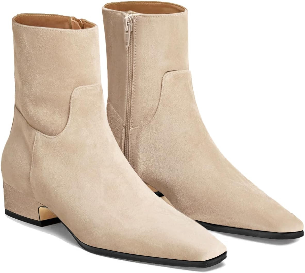 Coutgo Womens Booties Low Heel Ankle Boots Square Pointed Toe Chunky Heel Side Zipper Dressy Fall Boots Shoes | Amazon (US)