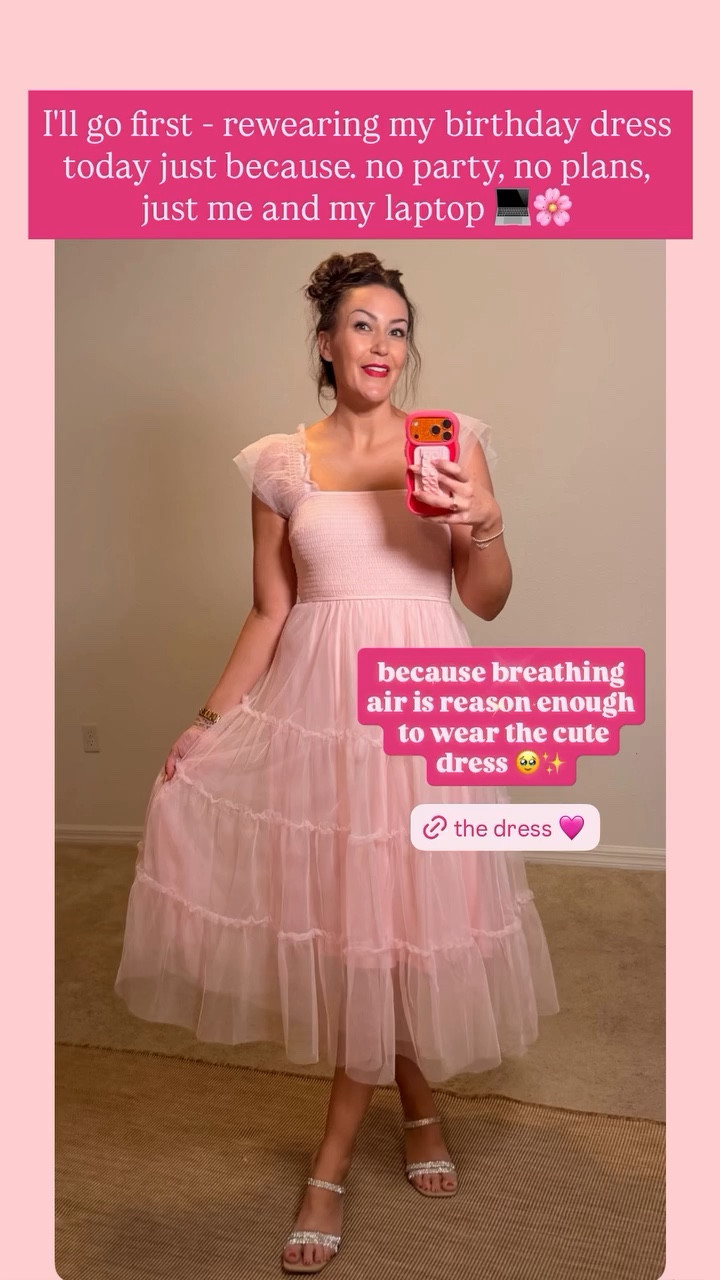 I'll go first - rewearing my birthday dress today just because. no party, no plans, just me and my laptop 💻🌸 because breathing
air is reason enough
 to wear the cute
dress 🥹✨