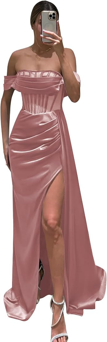 KBWOV Satin Prom Dresses Long for Women Off The Shoulder Corset Ruched Formal Gown Evening | Amazon (US)