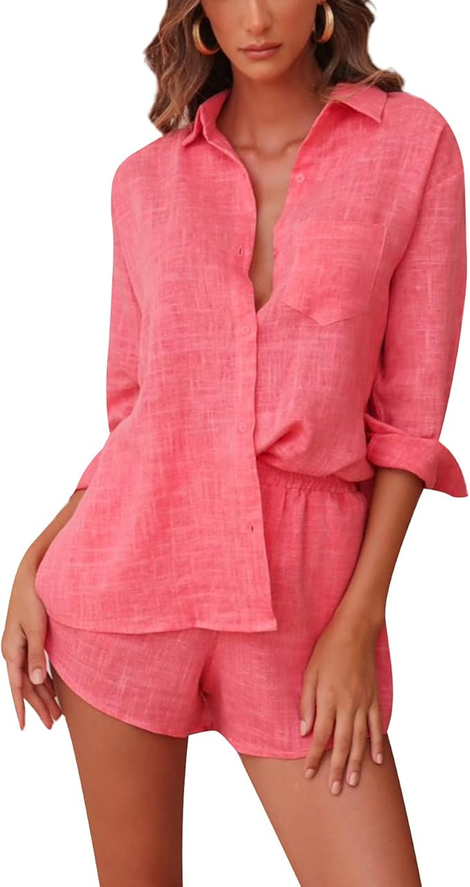 Women Casual Loose 2 Piece Outfits Sets Summer Oversized Long Sleeve Button Shirt High Waist Shor... | Amazon (US)