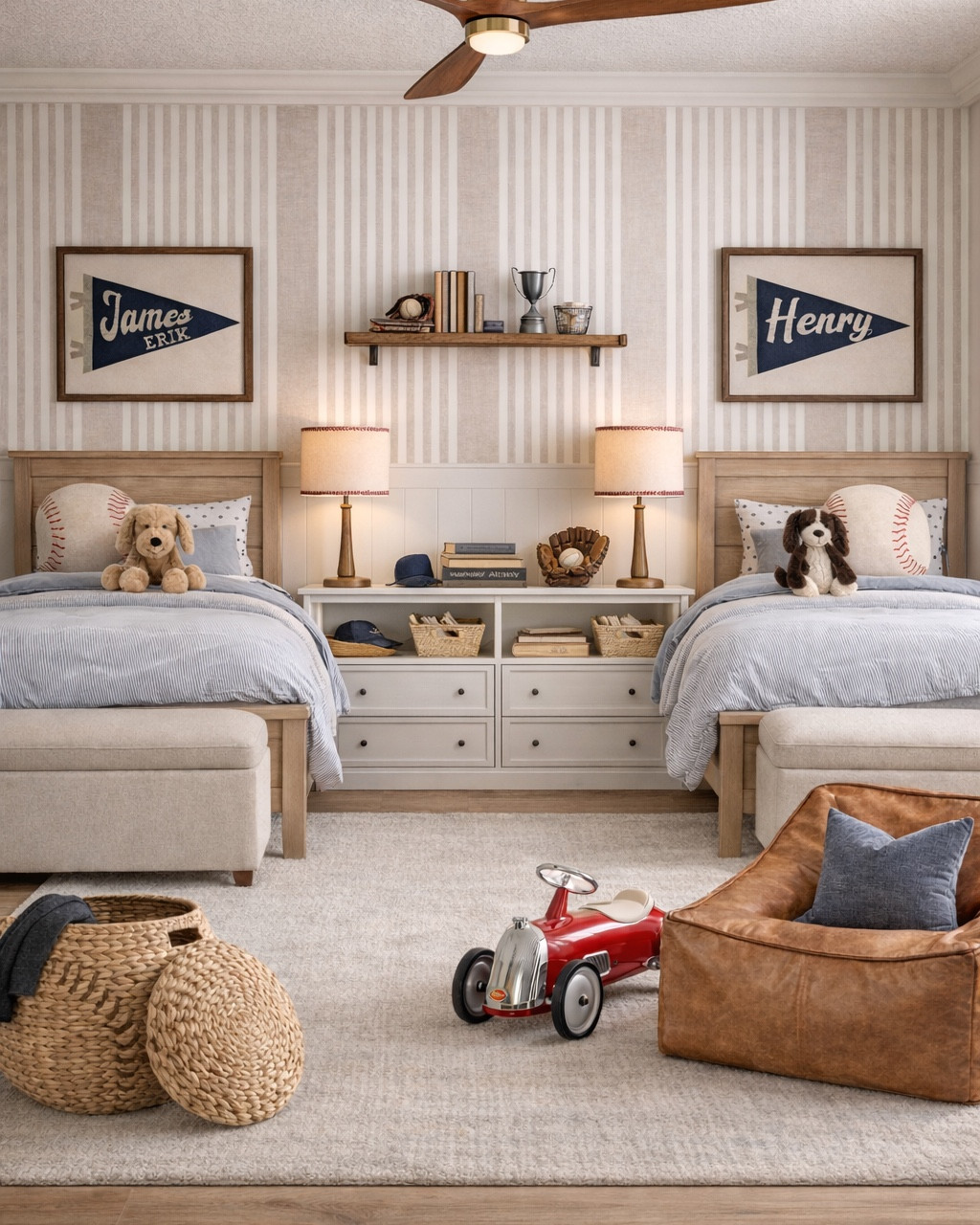 A classic baseball themed boys bedroom that feels timeless, cozy, and tailored 🤍 I love designing spaces for brothers that feel cohesive but still special for each child. Two twin beds also make for the perfect sleepover setup.

In this room we layered soft striped wallpaper, warm wood beds, baseball-inspired pillows, and vintage pennant artwork to create a space that feels playful but still elevated. The built-in nightstand storage between the beds keeps everything functional while the matching lamps, neutral benches, and woven baskets add warmth and texture.

It’s the perfect mix of preppy, classic, and traditional kids bedroom design that will grow beautifully with them over the years.

Keywords: shared boys bedroom, boys bedroom for brothers, twin beds boys room, classic boys bedroom decor, striped wallpaper bedroom, wood twin beds, baseball bedroom decor, vintage pennant wall art, traditional kids bedroom design, preppy boys room ideas, neutral boys bedroom, modern classic kids room, boys bedroom with twin beds, kids room storage ideas, built in nightstand between beds, timeless boys bedroom style, cozy kids bedroom design.

#LTKBaby #LTKKids #LTKHome
