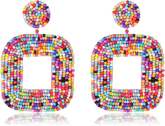 XOCARTIGE Beaded Drop Earrings Multicolored Seed Bead Earrings for Women Bohemia Statement Square... | Amazon (US)