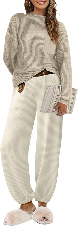 XIEERDUO Women's 2 Piece Outfits Sweater Set Long Sleeve Crew Neck Knit Pullover Top Pant Tracksu... | Amazon (US)