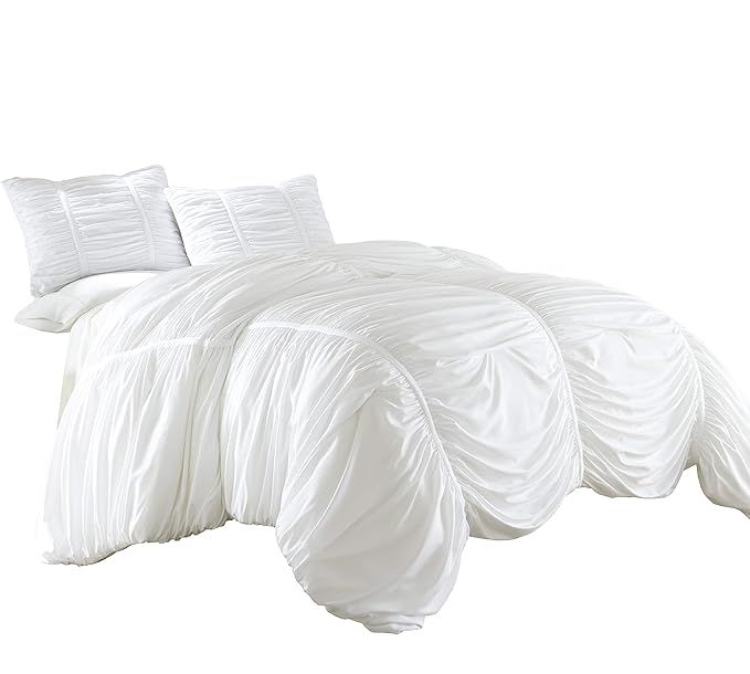 Chezmoi Collection Cassandra 3 Piece Chic Ruched Duvet Cover Set (King, White) | Amazon (US)