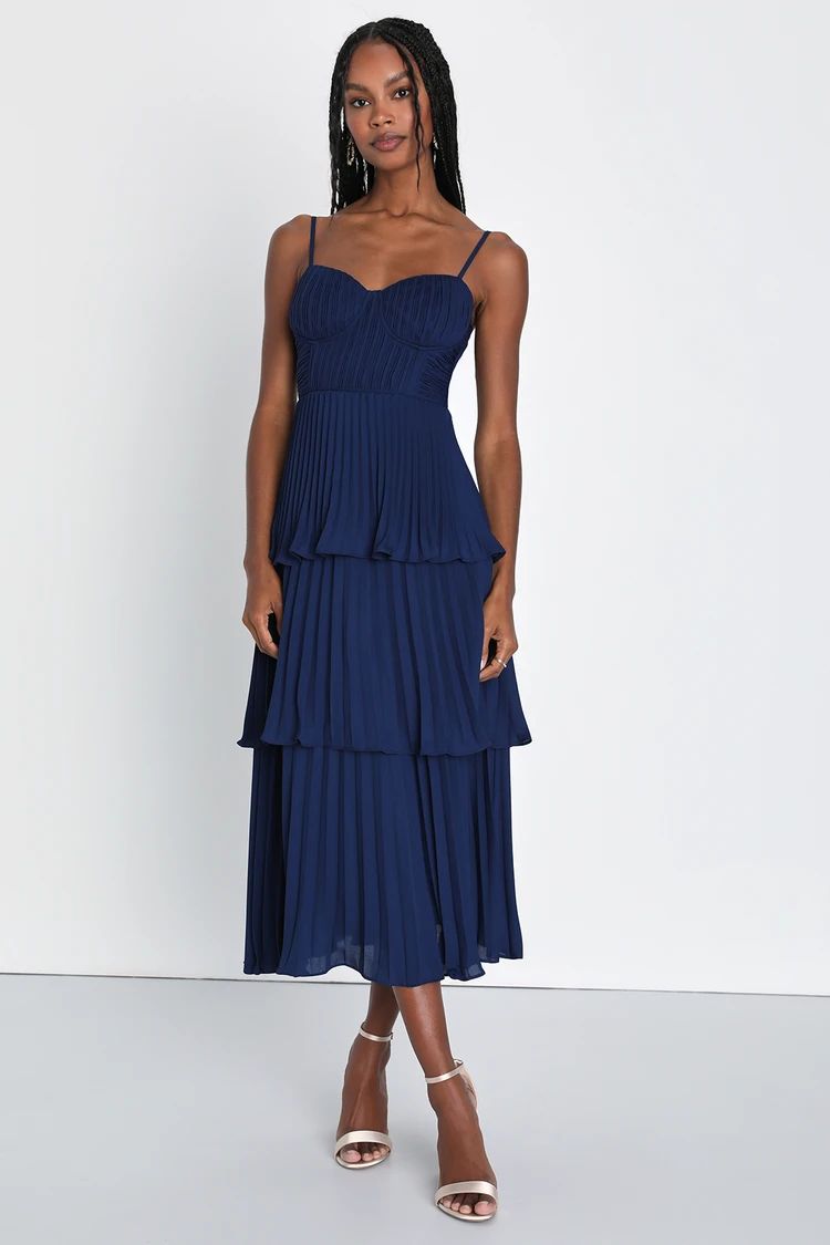 Cascading Crush Navy Blue Tiered Bustier Midi Dress | Spring Wedding Guest Outfits #LTKover40 #LTKU | Lulus (US)
