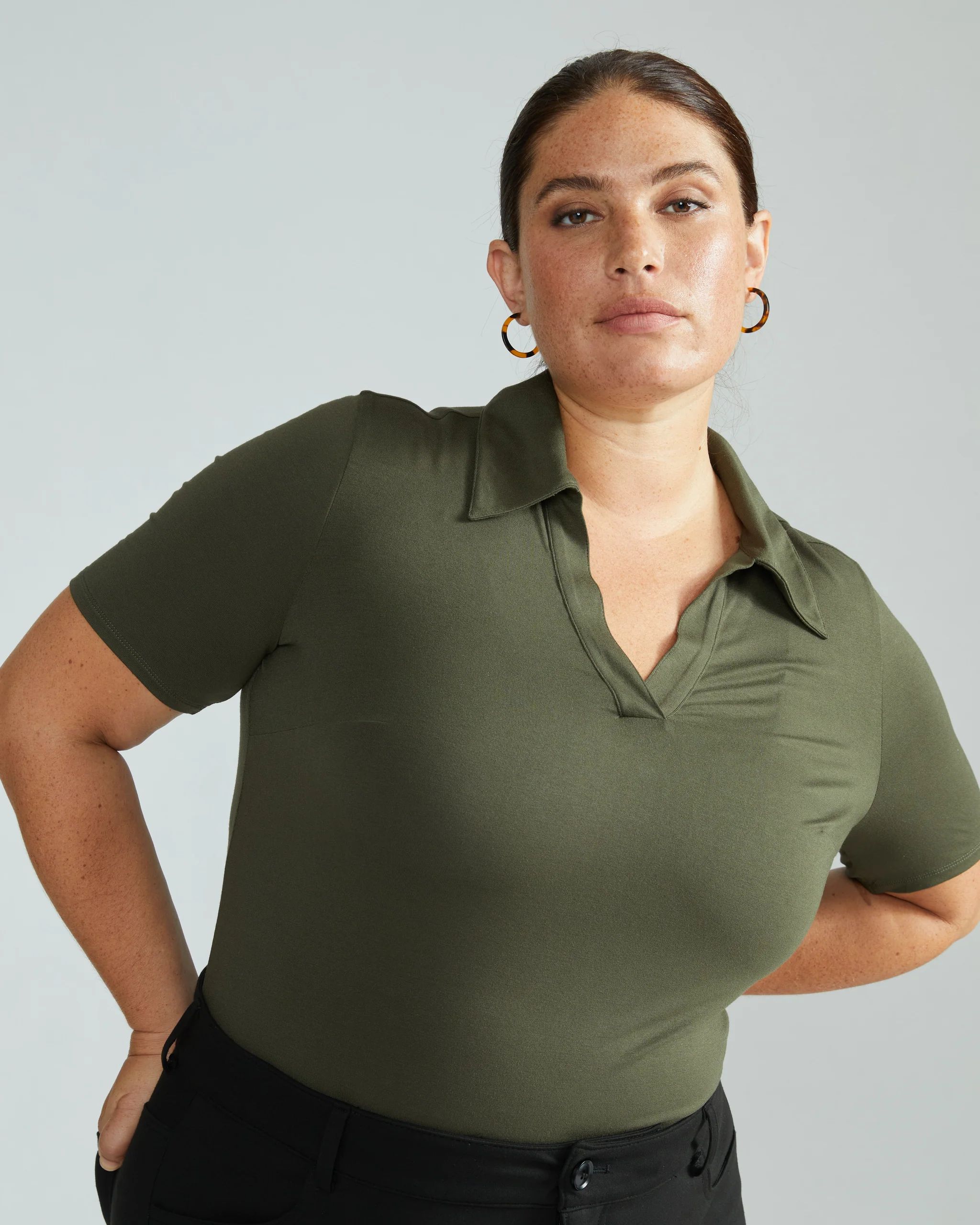 Apero Liquid Jersey Polo Top
   Dark Olive | Universal Standard