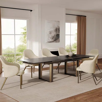 Modern 9-Piece Dining Set – Black Sintered Stone Extendable Table With 8 Beige Upholstered Armchairs | Wayfair North America