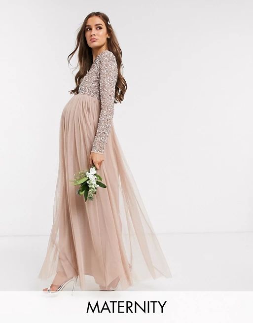 Maya Maternity Bridesmaid long sleeve maxi tulle dress with tonal delicate sequin overlay in taup... | ASOS (Global)