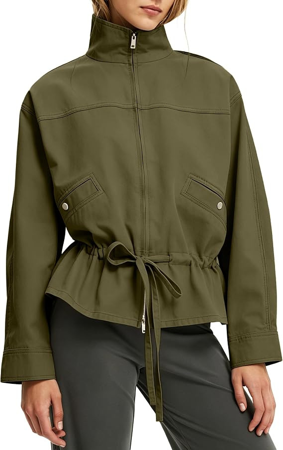 Womens Drawstring Waist Funnel Neck Jacket Casual Peplum Hem Coat | Amazon (US)