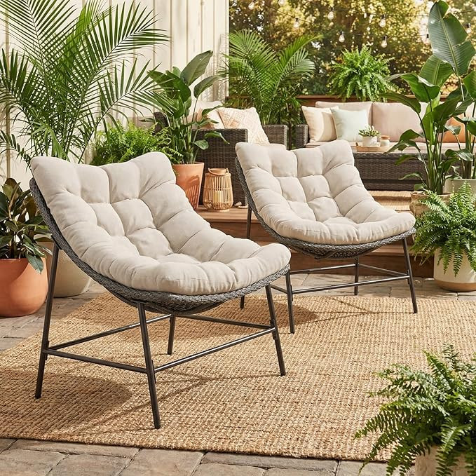 PHI VILLA Outdoor Papasan Chairs Set of 2, Oversized Scoop Wicker Chairs with Cushions & Steel Fr... | Amazon (US)