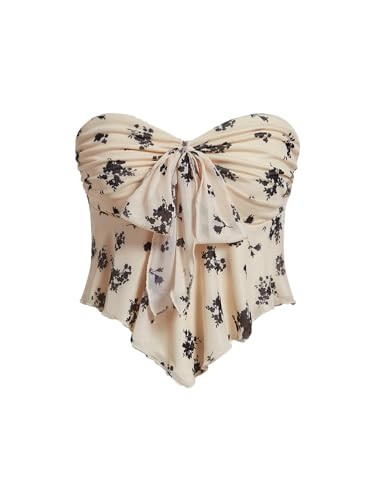 SHENHE Women's Floral Strapless Tie Front Lettuce Trim Asymmetrical Flare Boho Tube Top Apricot Large | Amazon (US)