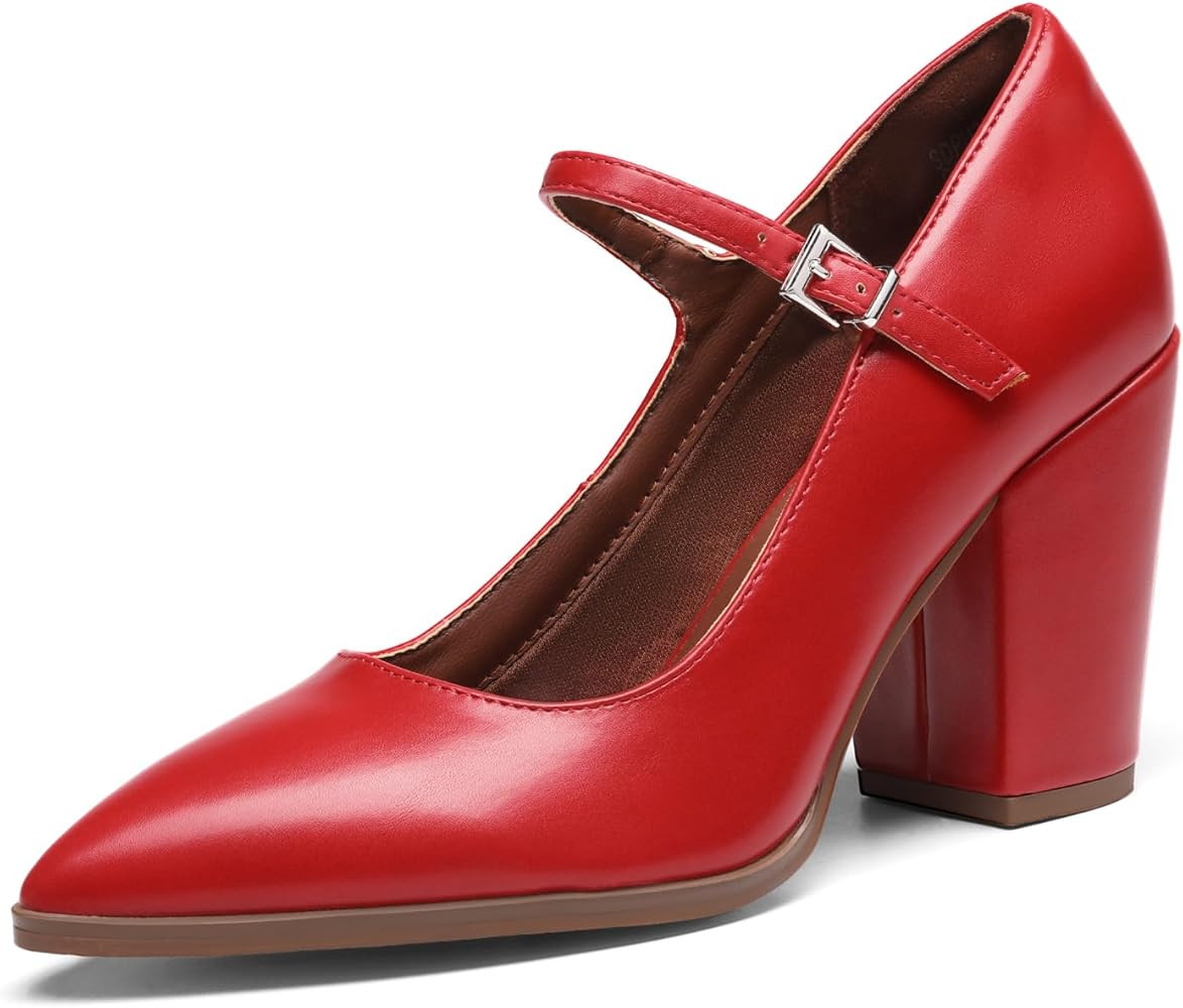 DREAM PAIRS Women's Closed Toe High Chunky Heels Mary Jane Shoes Dress Block Pointed Toe Comforta... | Amazon (US)