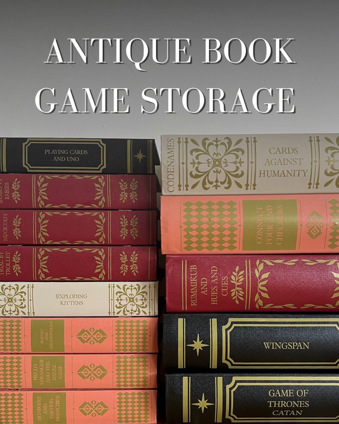 I made these super cute antique book boxes to store my family’s game collection, turning them into a fun set of functional decor! 

I think this idea could be used for all kinds of storage solutions, and can be customized with any names/designs! 

Check out the crafting supply list here for all the products I used! (And I also linked my inspiration too, just in case you’re not feeling crafty! 😉) 

#LTKHome