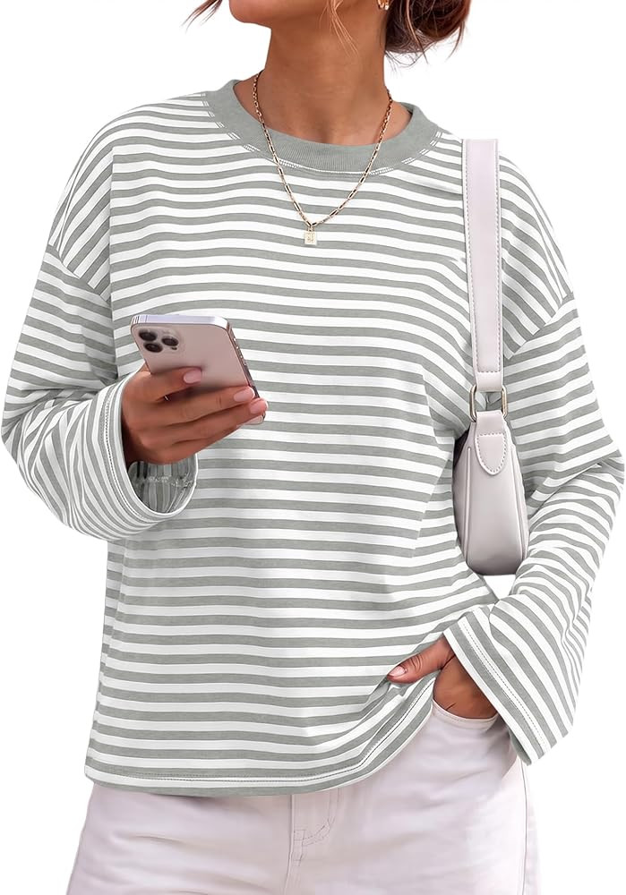 LOMON Striped Long Sleeve Shirt Women Oversized Crewneck Fall Y2k Tops 2026 | Amazon (US)