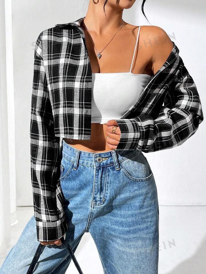 SHEIN EZwear Women's Plaid Pattern Cropped Shirt | SHEIN