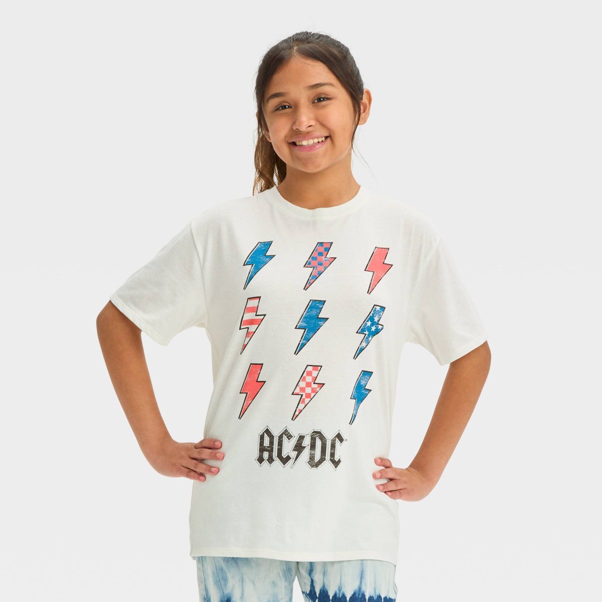 Girls' Short Sleeve Oversized Americana ACDC Graphic T-Shirt - art class™ White | Target