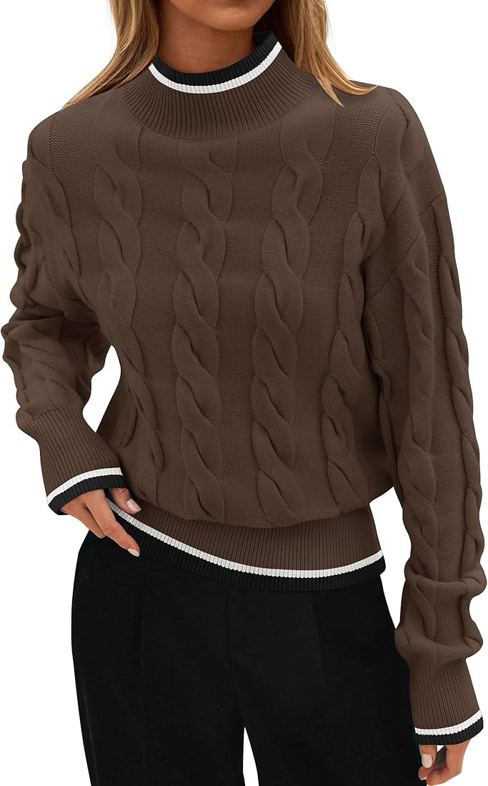 ZESICA Women's Casual Long Sleeve Mock Neck Cable Knit Contrast Color Fall Winter Chunky Pullover... | Amazon (US)