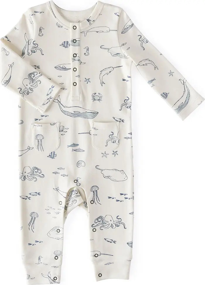 Life Aquatic Patch Pocket Organic Cotton Henley Romper | Nordstrom