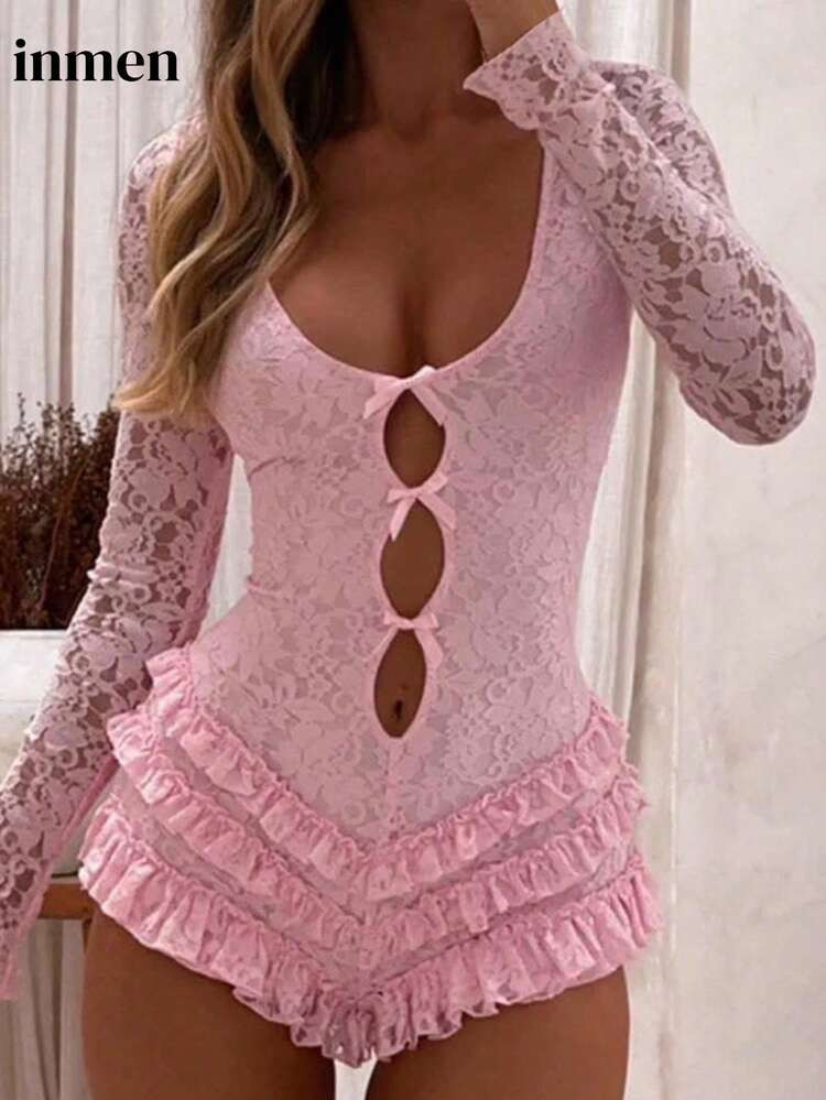 Spring Sexy Solid Color Slim Romper Long Sleeve Low-Neck Lace Hollow Out Backless Bodysuit Party For Women | SHEIN