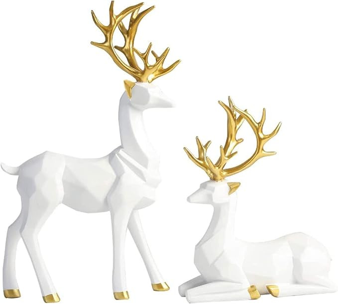Christmas Reindeer Figurines, 2pcs Nordic Style Origami Elk Resin Sitting Standing Deer Statues f... | Amazon (US)