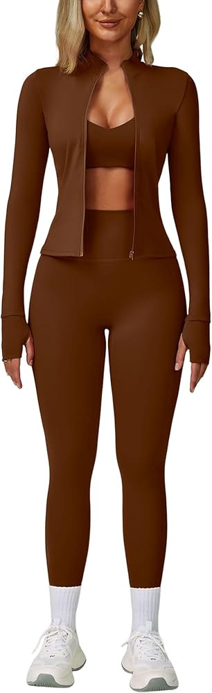 ABOCIW 3 Piece Workout Sets for Women Zipper Long Sleeve Jacket Racerback Sports Bra High Waist L... | Amazon (US)