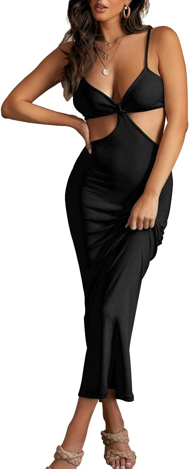 DREAM SLIM-Women's Sexy Spaghetti Straps Knitted Maxi Dresses Cut Out Backless Dress Bodycon Halt... | Amazon (US)