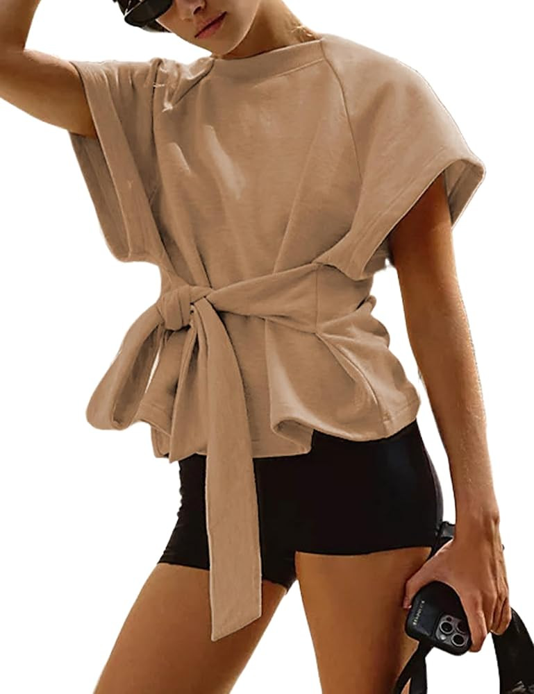 Zhiyouni Women's Summer Short Sleeves Tee T Shirt Crewneck Tie Knot Tops Sweatshirt | Amazon (US)