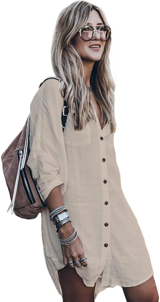 Women’s Swimsuit Cover up,Silky Button Down Shirt Midi Dress Kimono,Summer Bathing Suit Beach Coveru | Amazon (US)