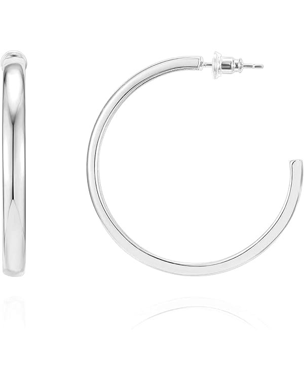 PAVOI 14K Gold Plated Wide Flat Edge Hoop Earrings for Women | Rose, White and Yellow Gold Hoops ... | Amazon (US)