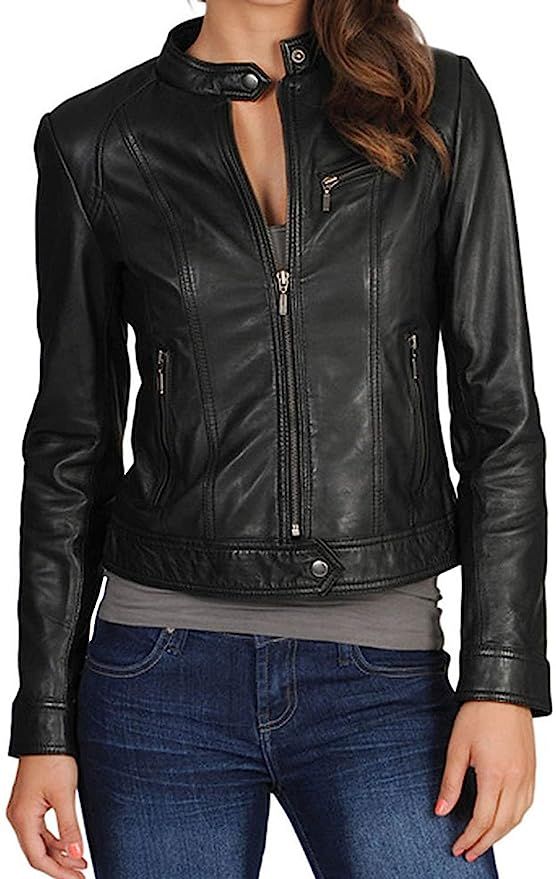 DOLLY LAMB Women's Lambskin Leather Moto Biker Jacket - Winter Wear | Amazon (US)