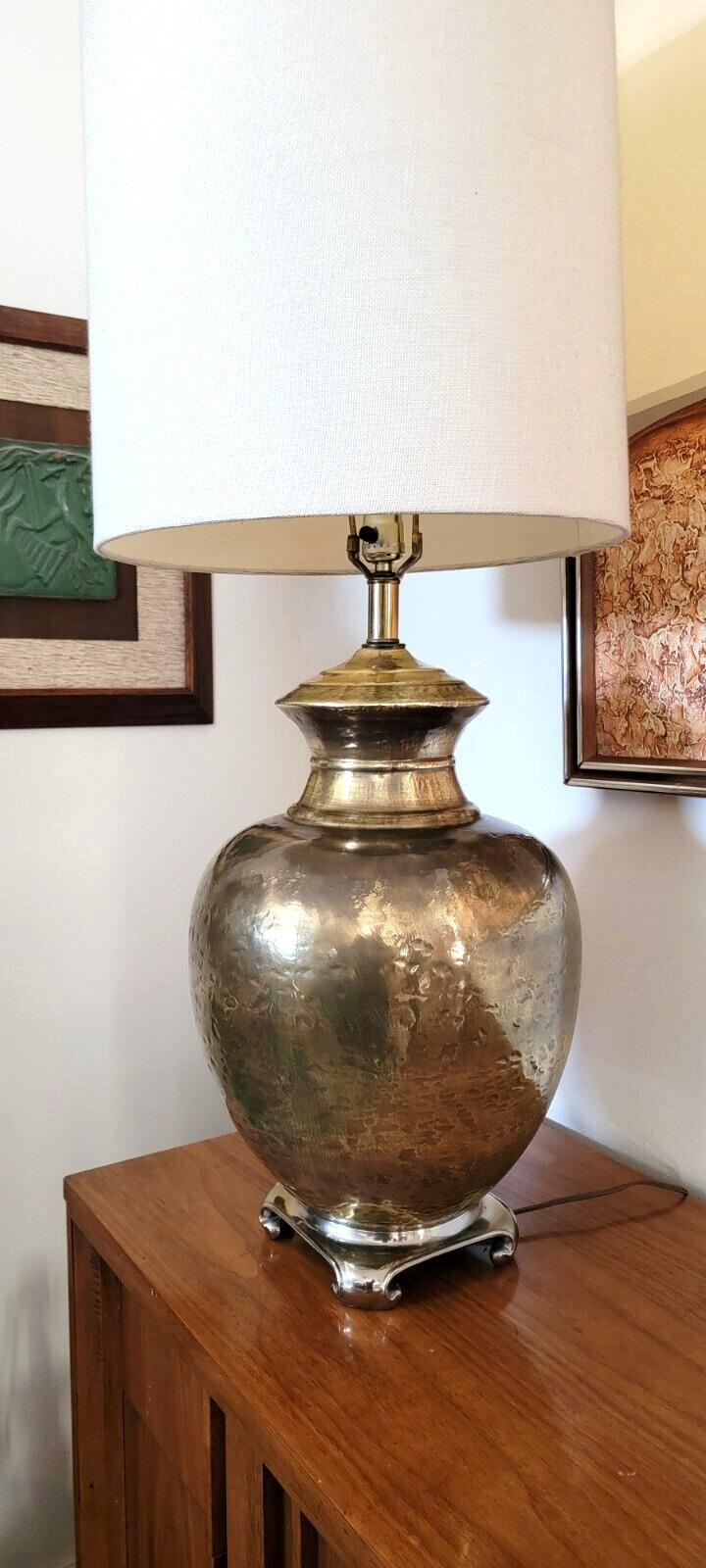 Vtg Mid Century XL Oriental Hammered Brass Glazed Ceramic Ginger Jar Table Lamp | eBay US